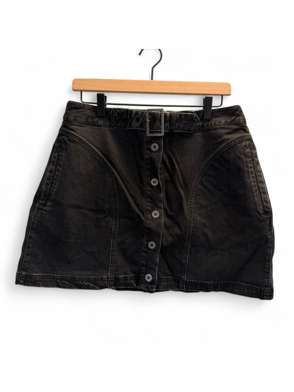 NWT Pilcro black denim mini skirt with button front and belt with silver detaili